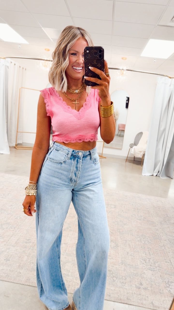 Noa Lace Crop Tank-Fuchsia