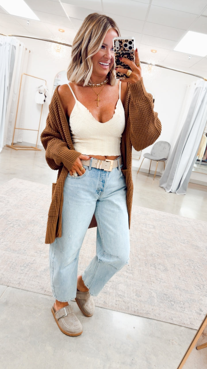 Deep Camel Waffle Weave Cardigan