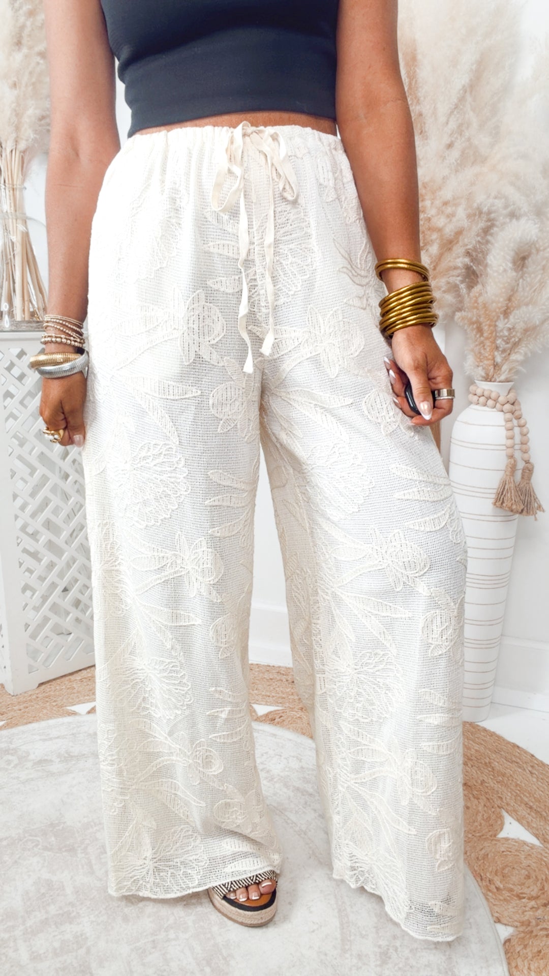 The Palm Petal Wide Leg Pants-Natural