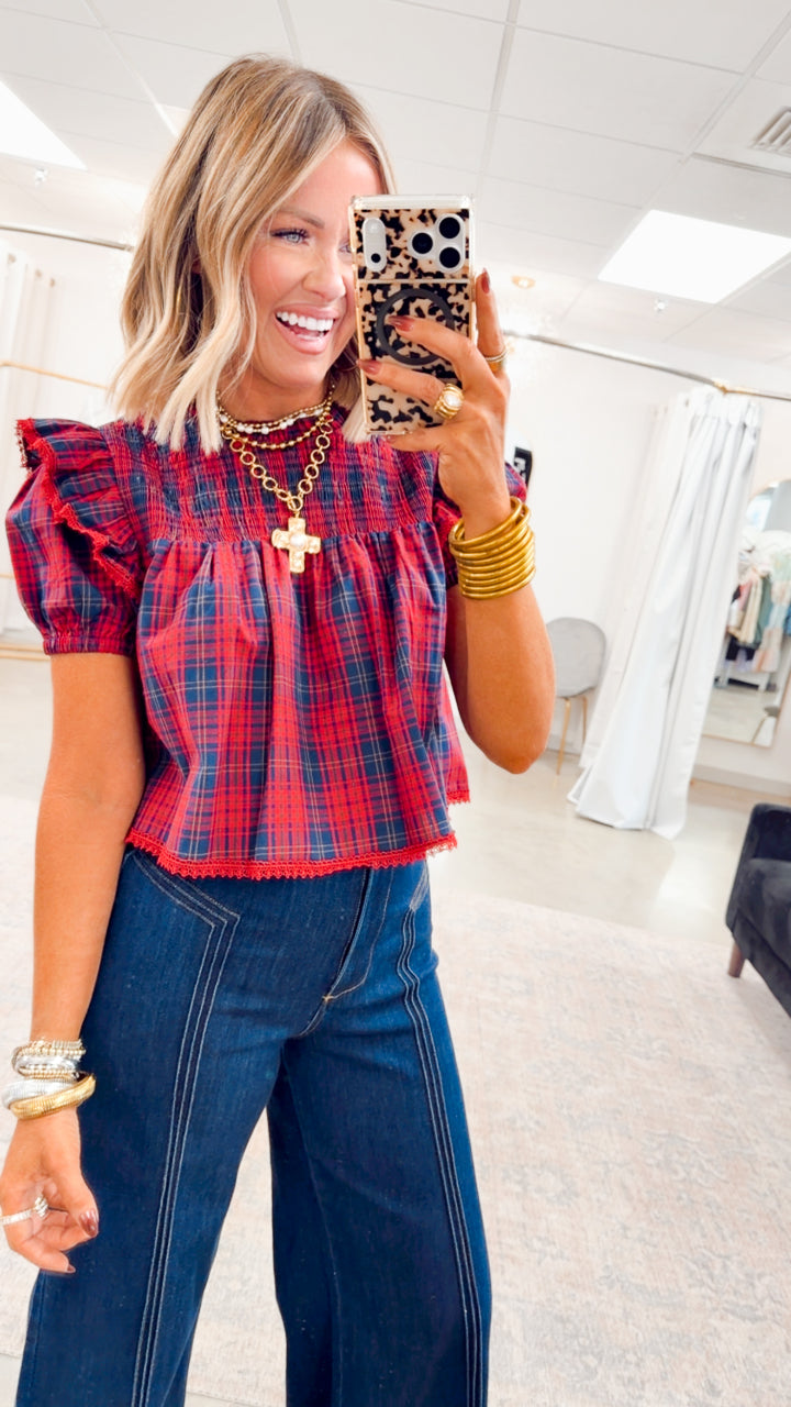 Plaid Tidings Top-Red/Navy