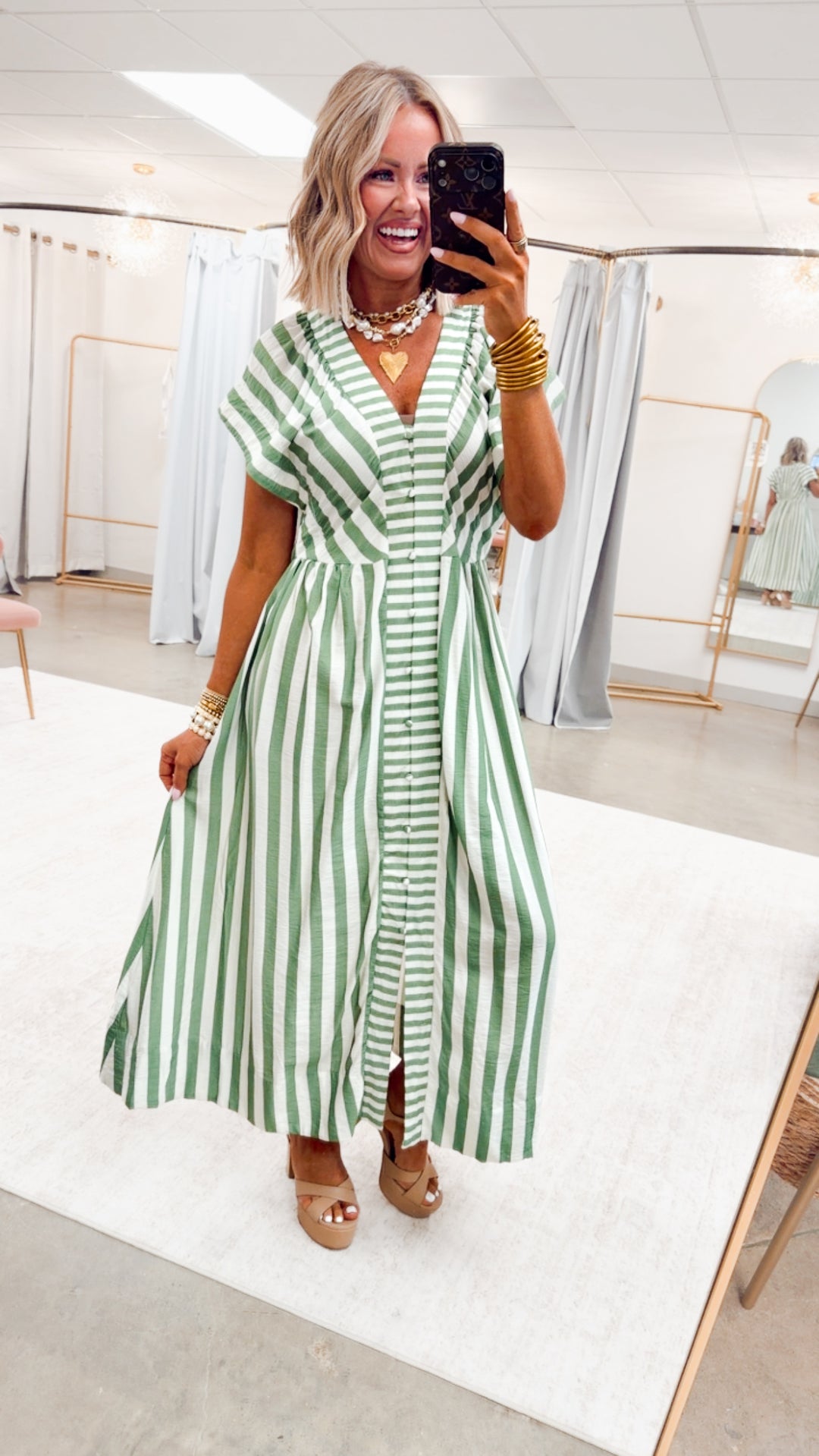 The Harbor Stripe Midi Dress-Green