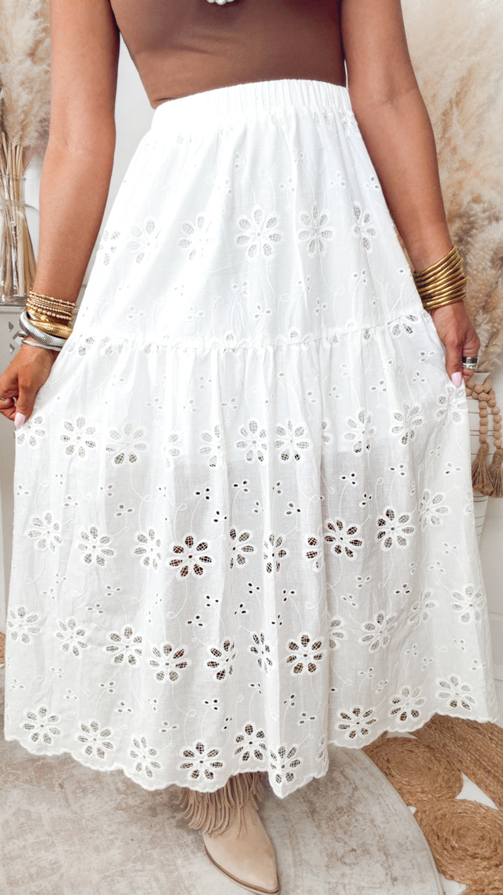 Raeyn Eyelet Tiered Midi Skirt