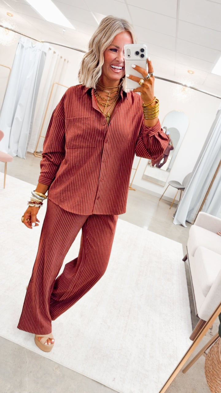 Lexi Pinstripe Top & Pants Set-Burgundy