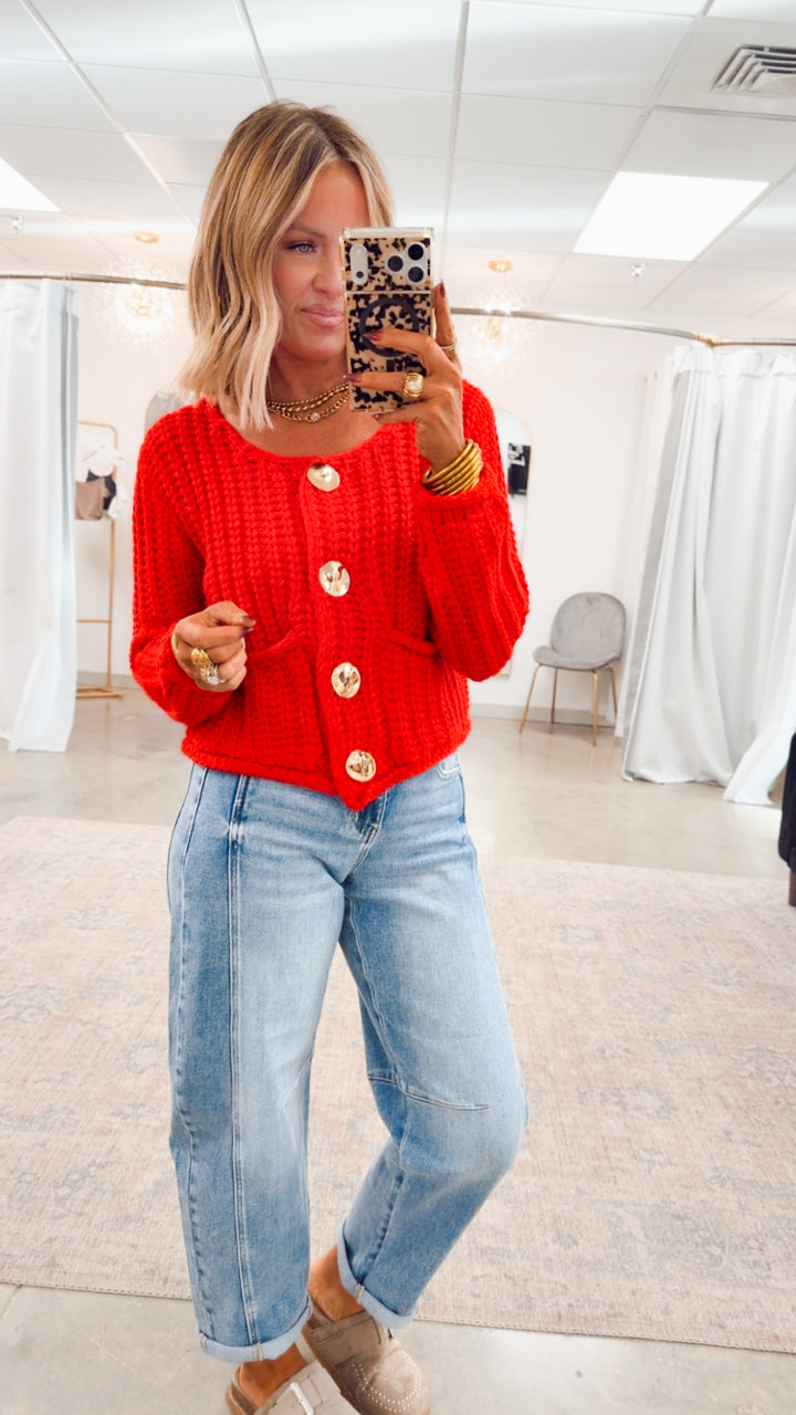 Callie Button Up Cardigan Top-Red