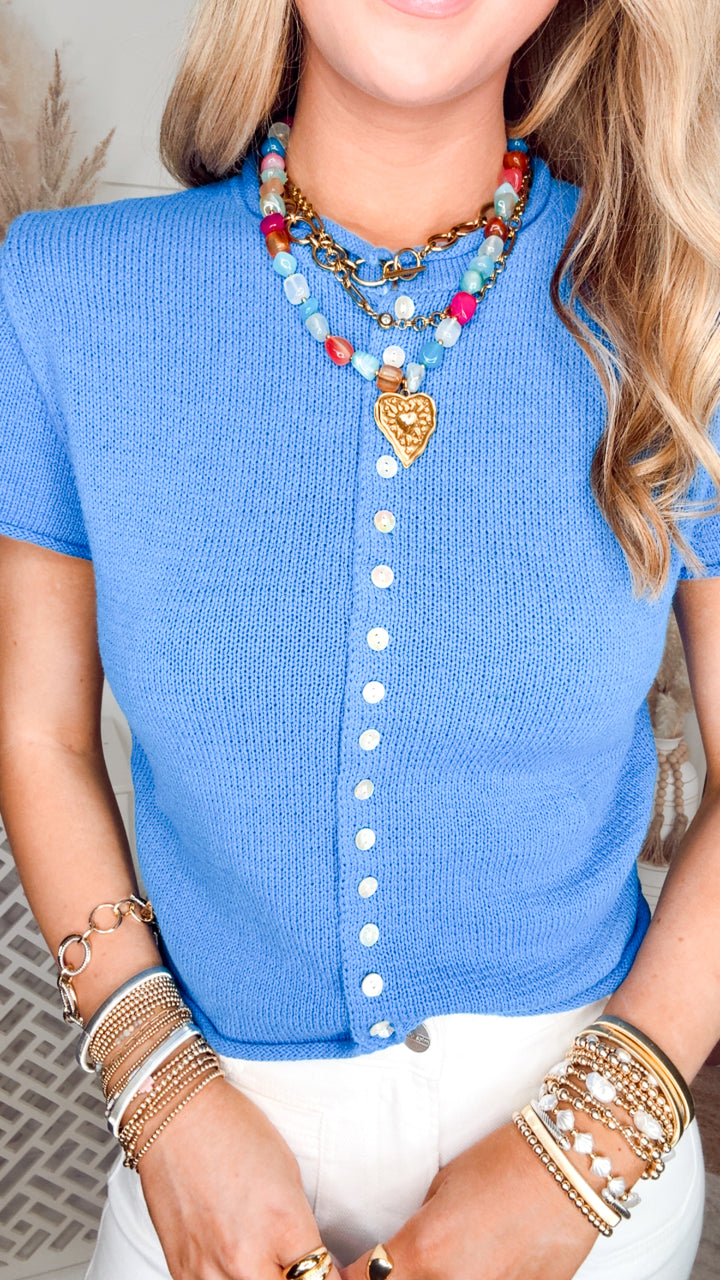 The Buttoned Bliss Sweater Top-Blue