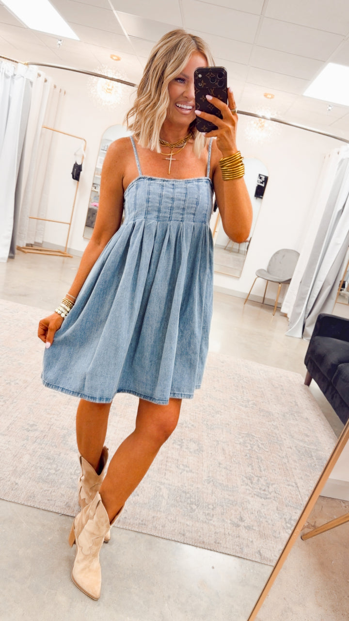 Teagan Pleated Mini Dress-Medium Denim
