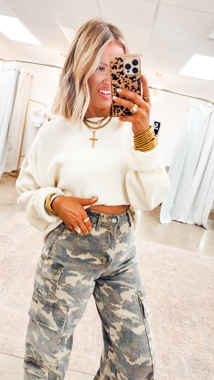 Cream Waffle Bliss Cropped Sweater