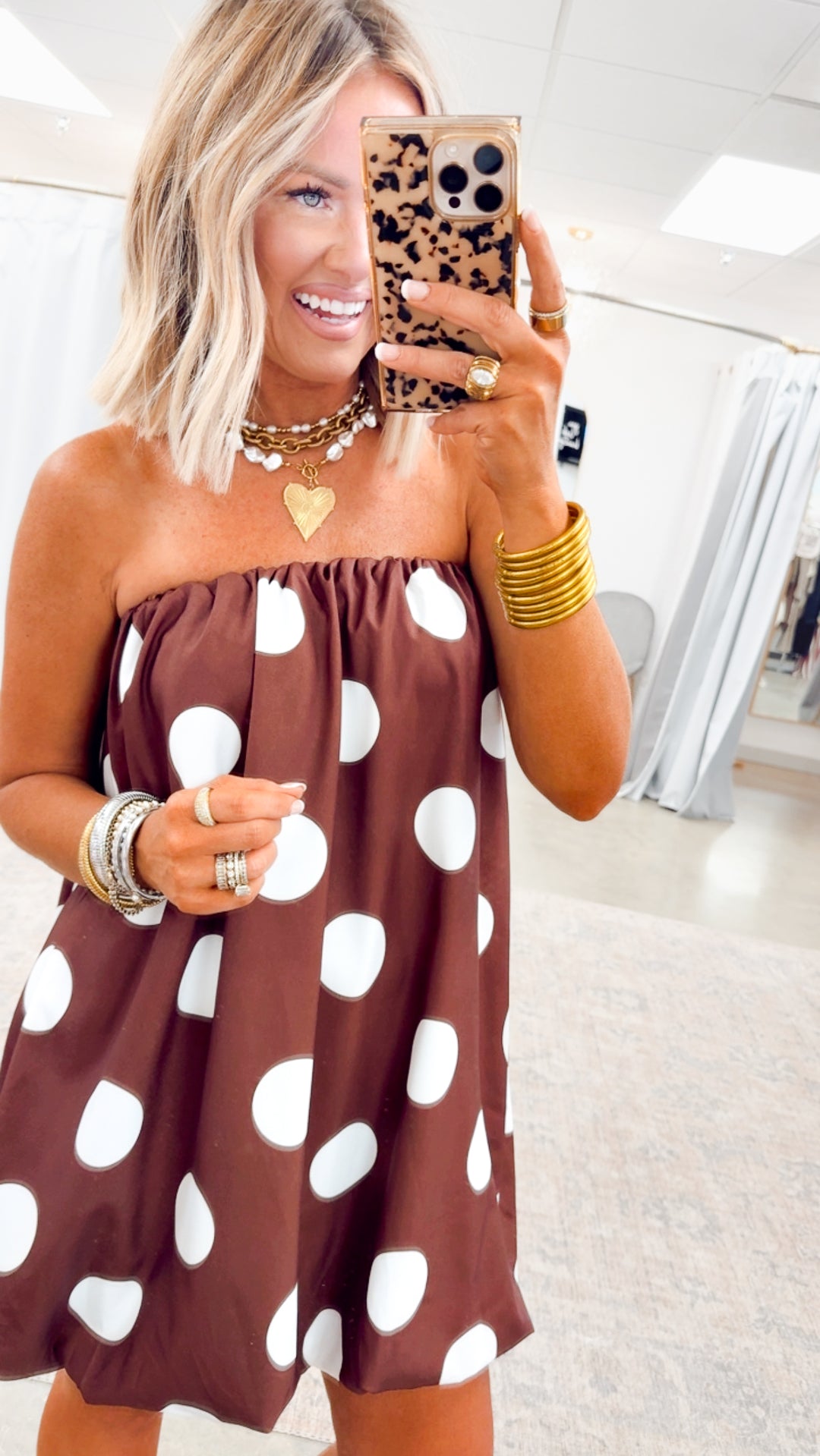Darling Polka Dot Bubble Hem Dress-Brown/Ivory
