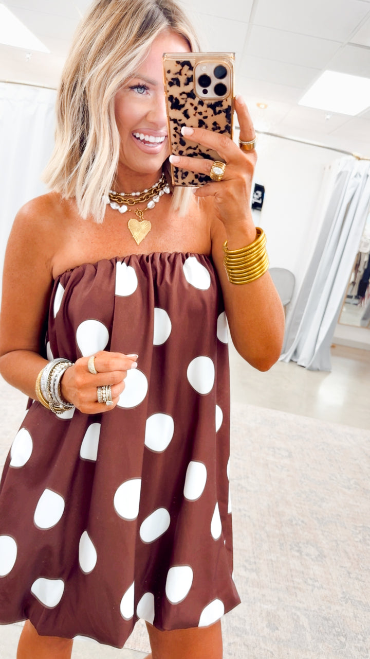 Darling Polka Dot Bubble Hem Dress-Brown/Ivory