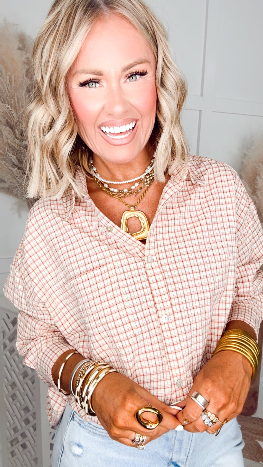 Pinstripe Plaid Oversized Shirt-Red