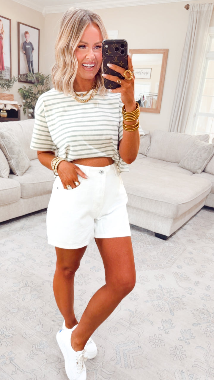 The Essential Cropped Stripe Tee-Sage Green