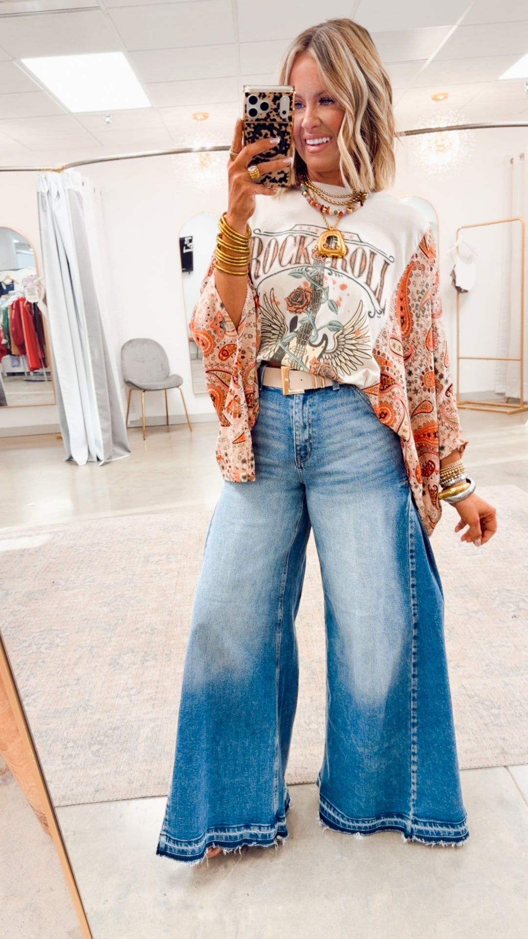 Rock N Roll Graphic Kantha Top-Bone