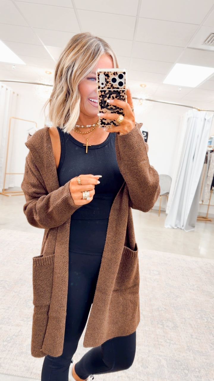 Hooded Open Front Sweater Cardigan-Brown