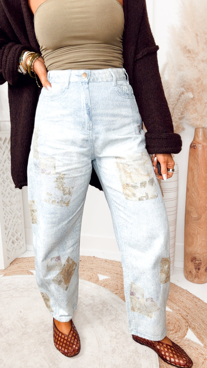 Patchwork Effect Denim Barrel Jeans