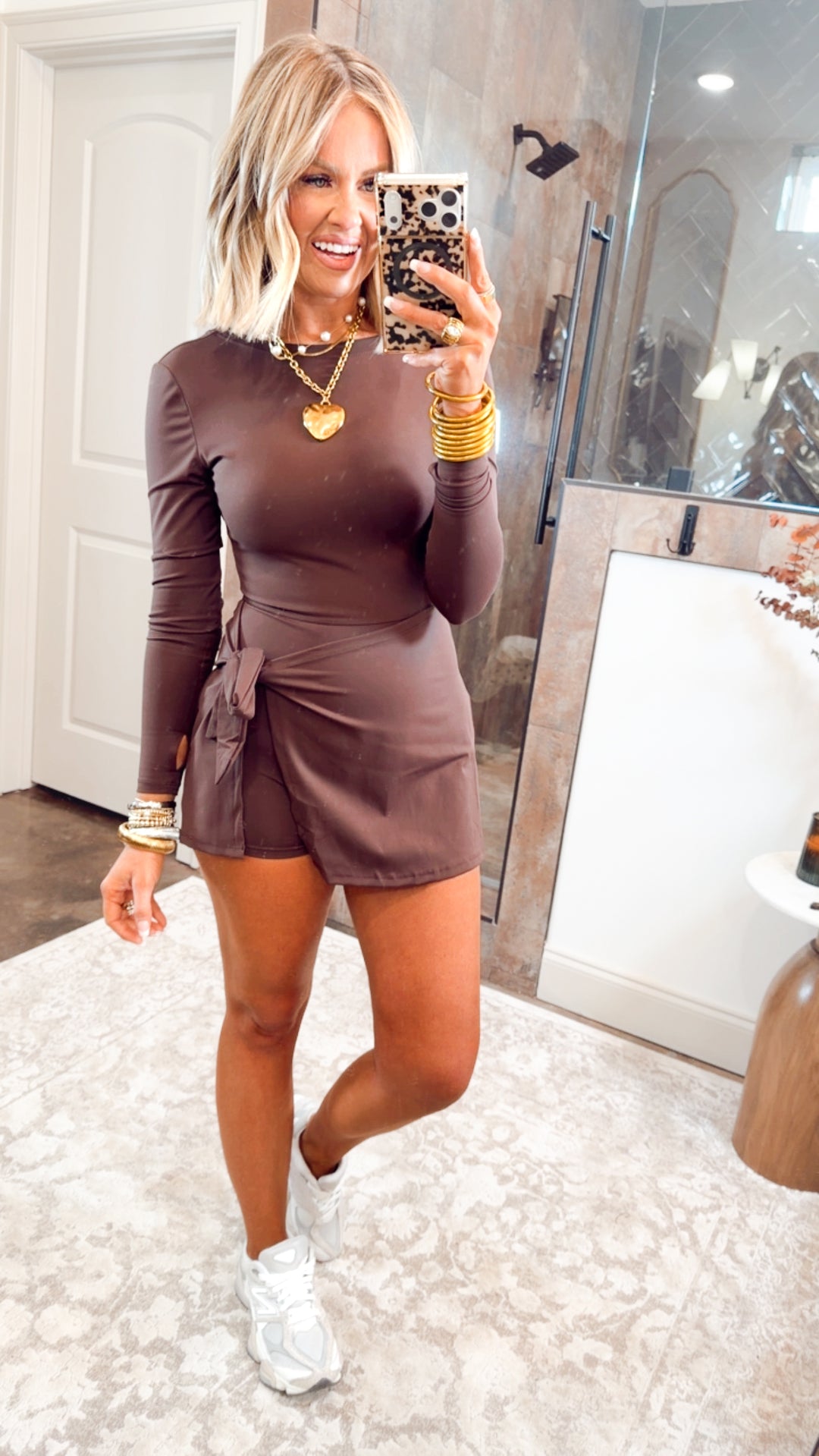 Long Sleeve Wrap Tie Dress-Chocolate