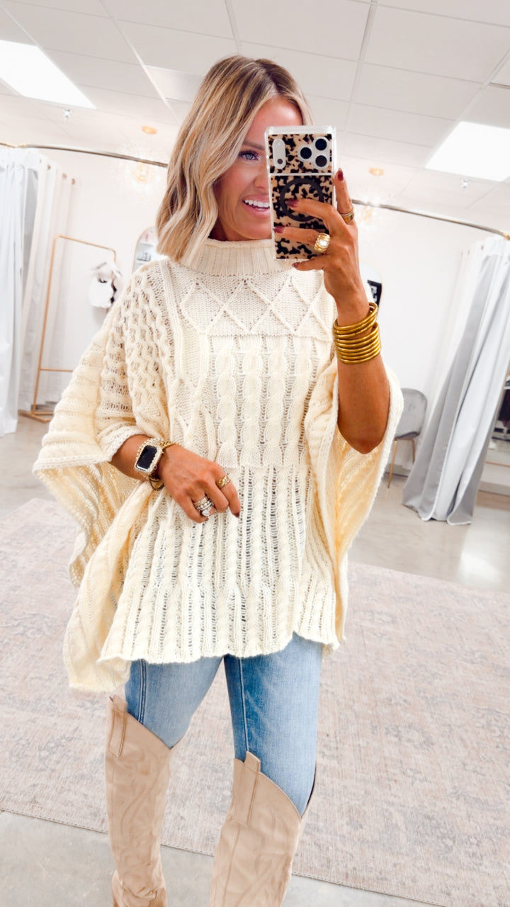 Everlyn Mock Neck Poncho Sweater-Cream