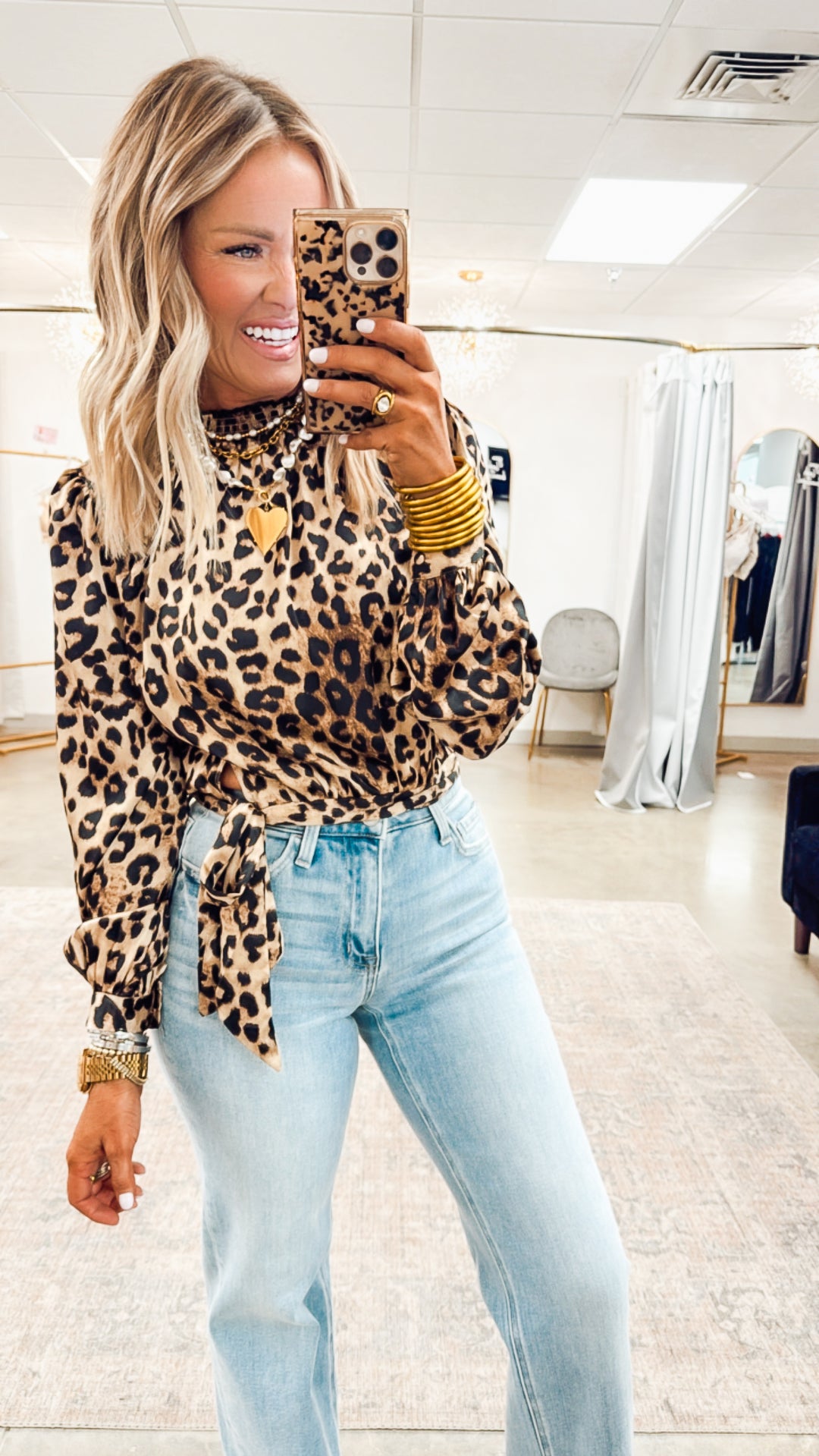 Leopard Print Smock Neck Blouse