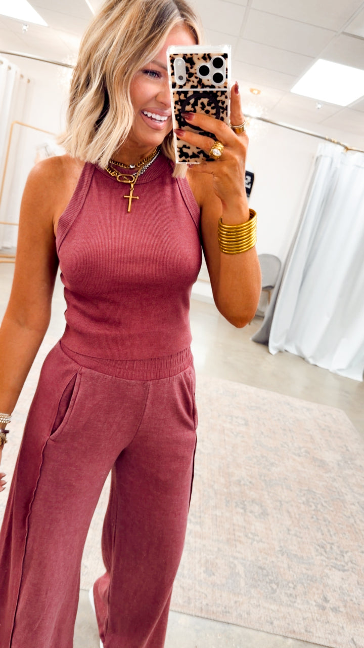 Harlow Halter Neck Crop Top & Pants Set-Wine