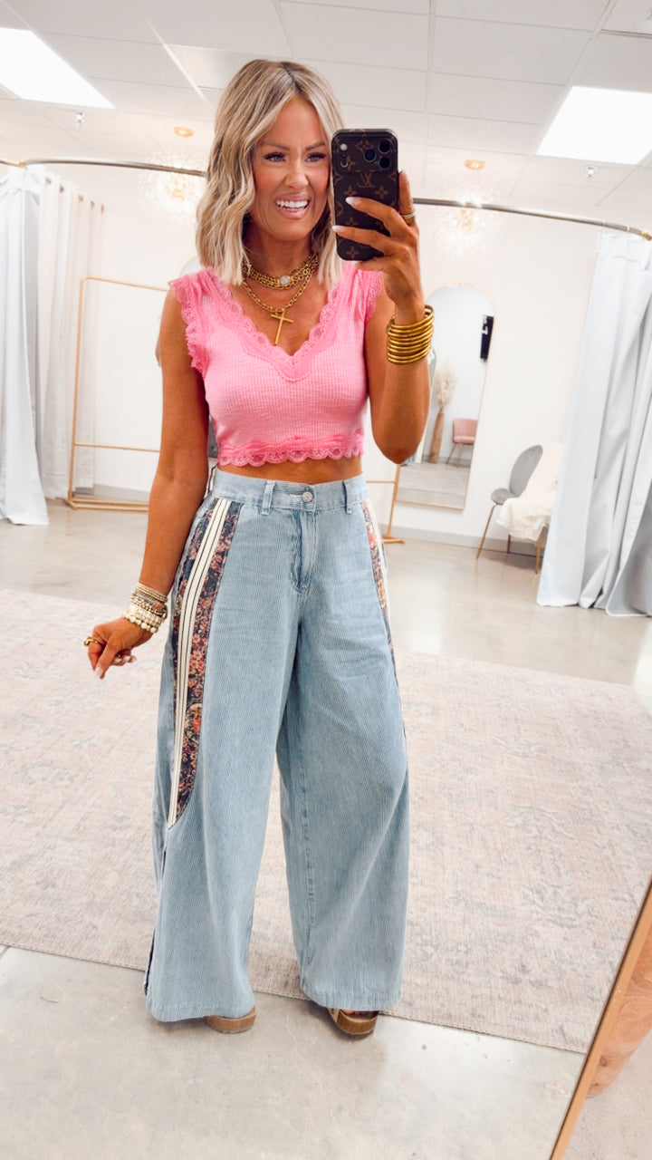 Noa Lace Crop Tank-Fuchsia