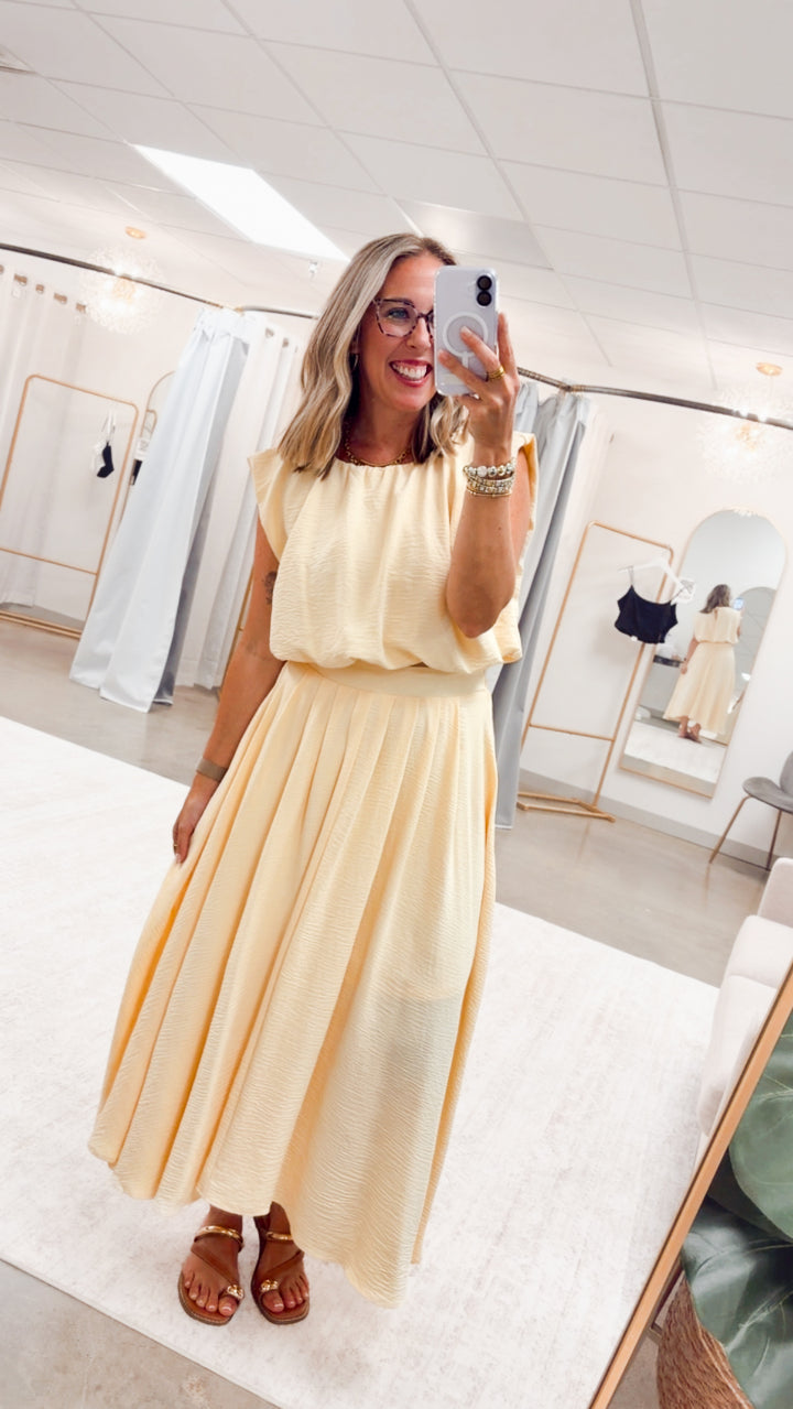The Arden Balloon Top & Pleated Midi Skirt Set-Yellow