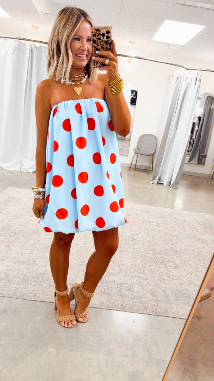 Darling Polka Dot Bubble Hem Dress-Blue/Red