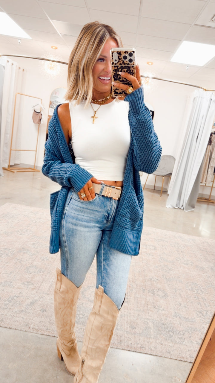 Dusty Blue Waffle Weave Cardigan