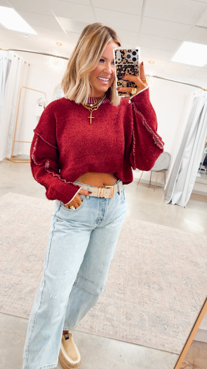 Waverly Exposed Seam Sweater-Cabernet