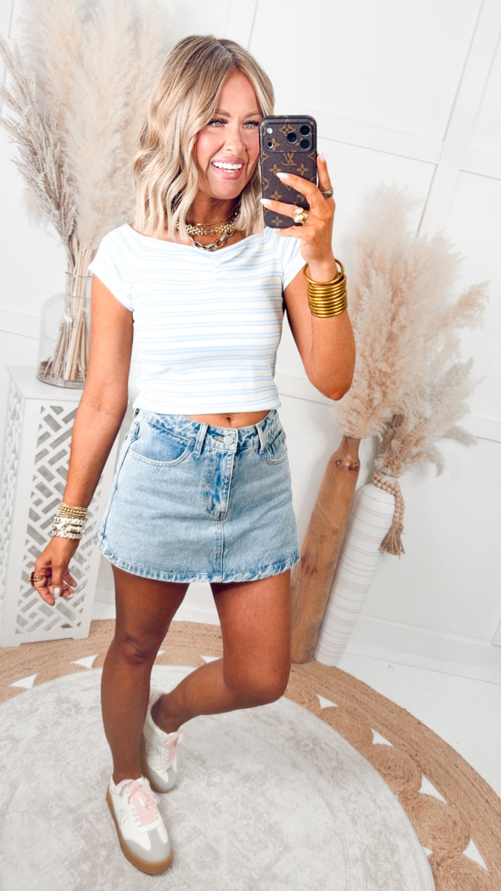 The Lila Ruched Top-Sky/Cream