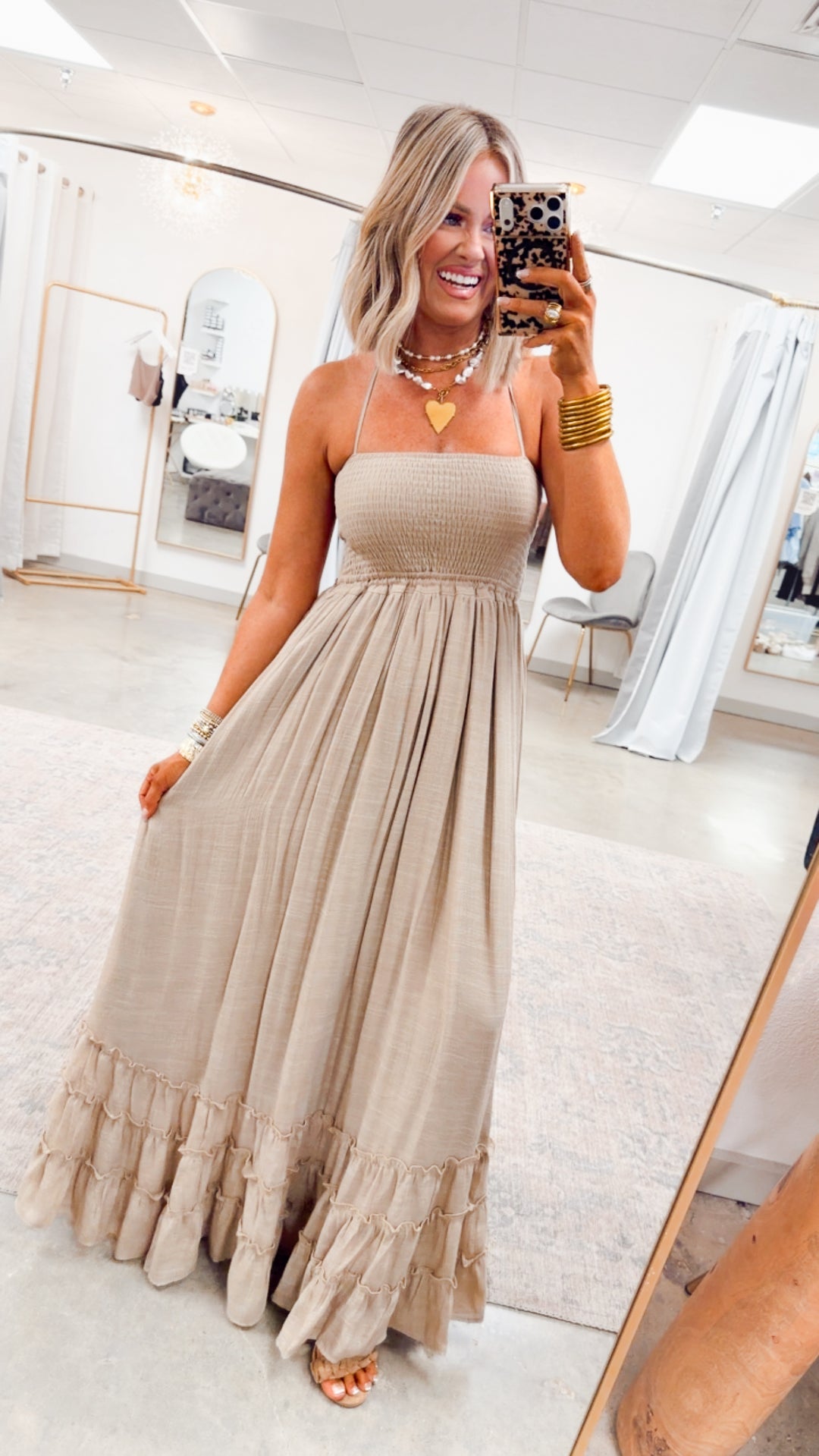 Viviana Smocked Halter Maxi Dress-Taupe