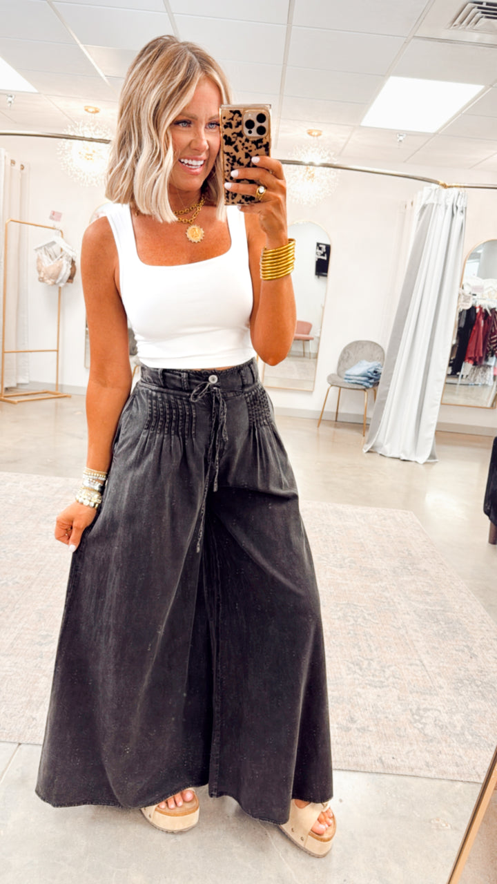 Pintuck Wide Leg Pants-Washed Black
