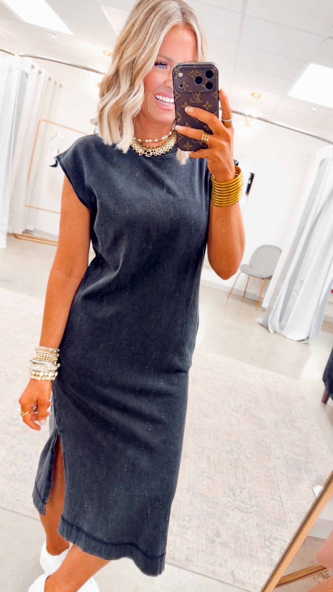 Mineral Washed Cap Sleeve Midi Dress-Black