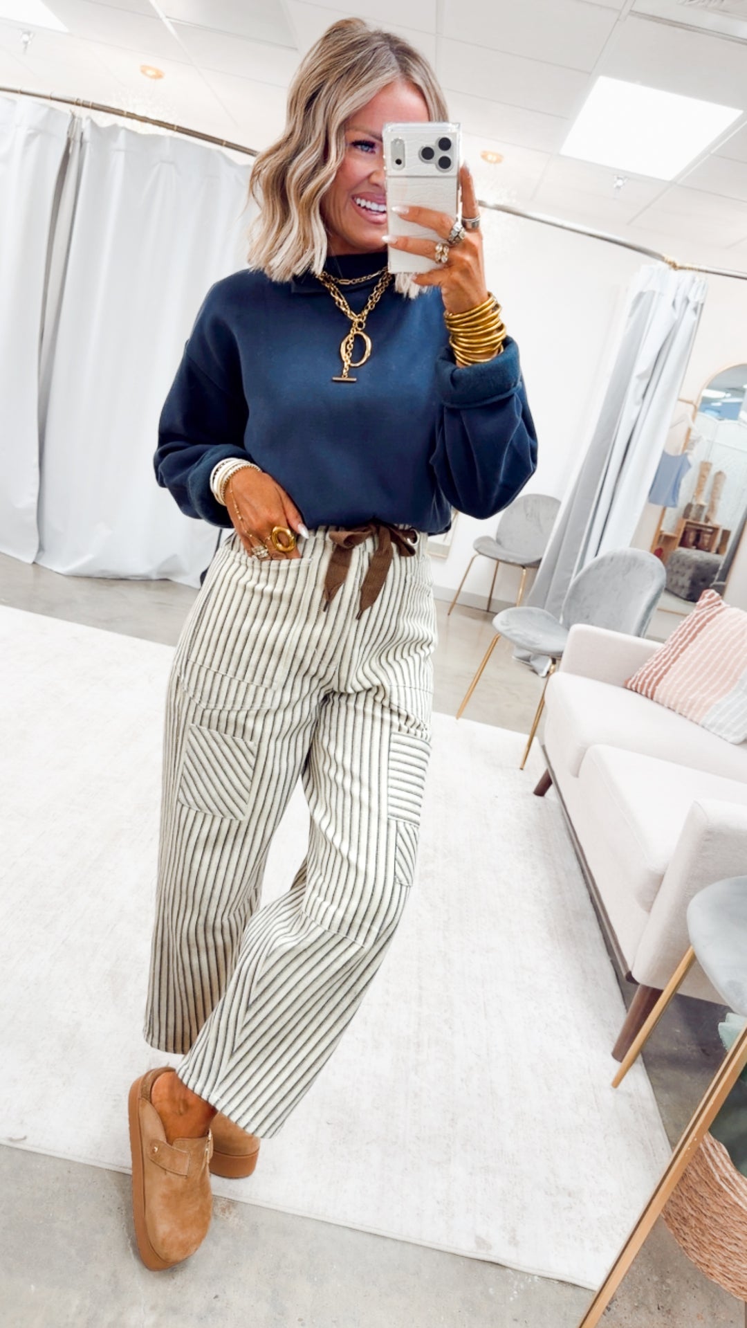 The Brighton Stripe Pants-Oatmeal/Navy