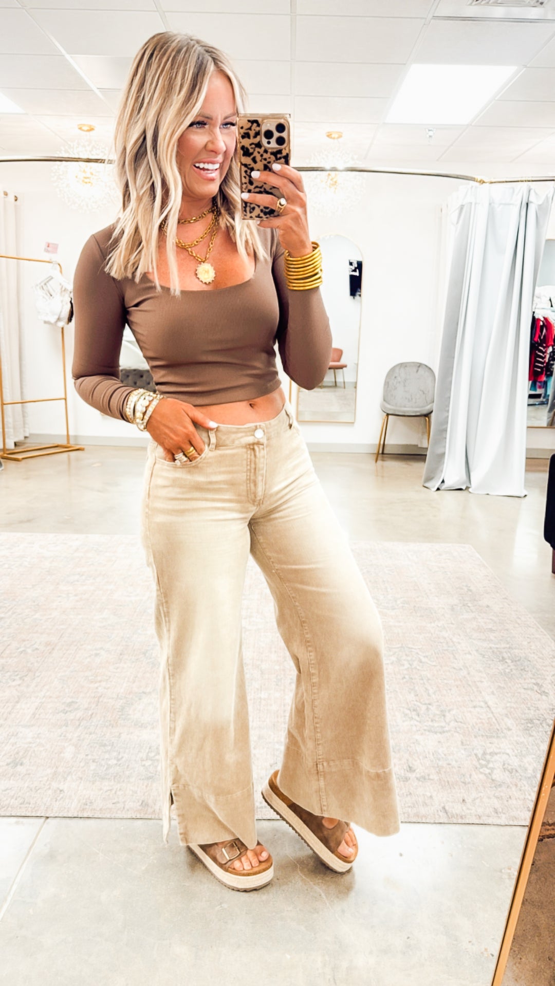 Wide Leg Flared Corduroy Pants-Taupe