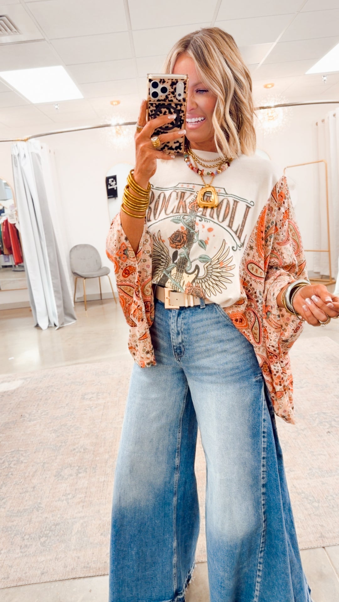 Rock N Roll Graphic Kantha Top-Bone