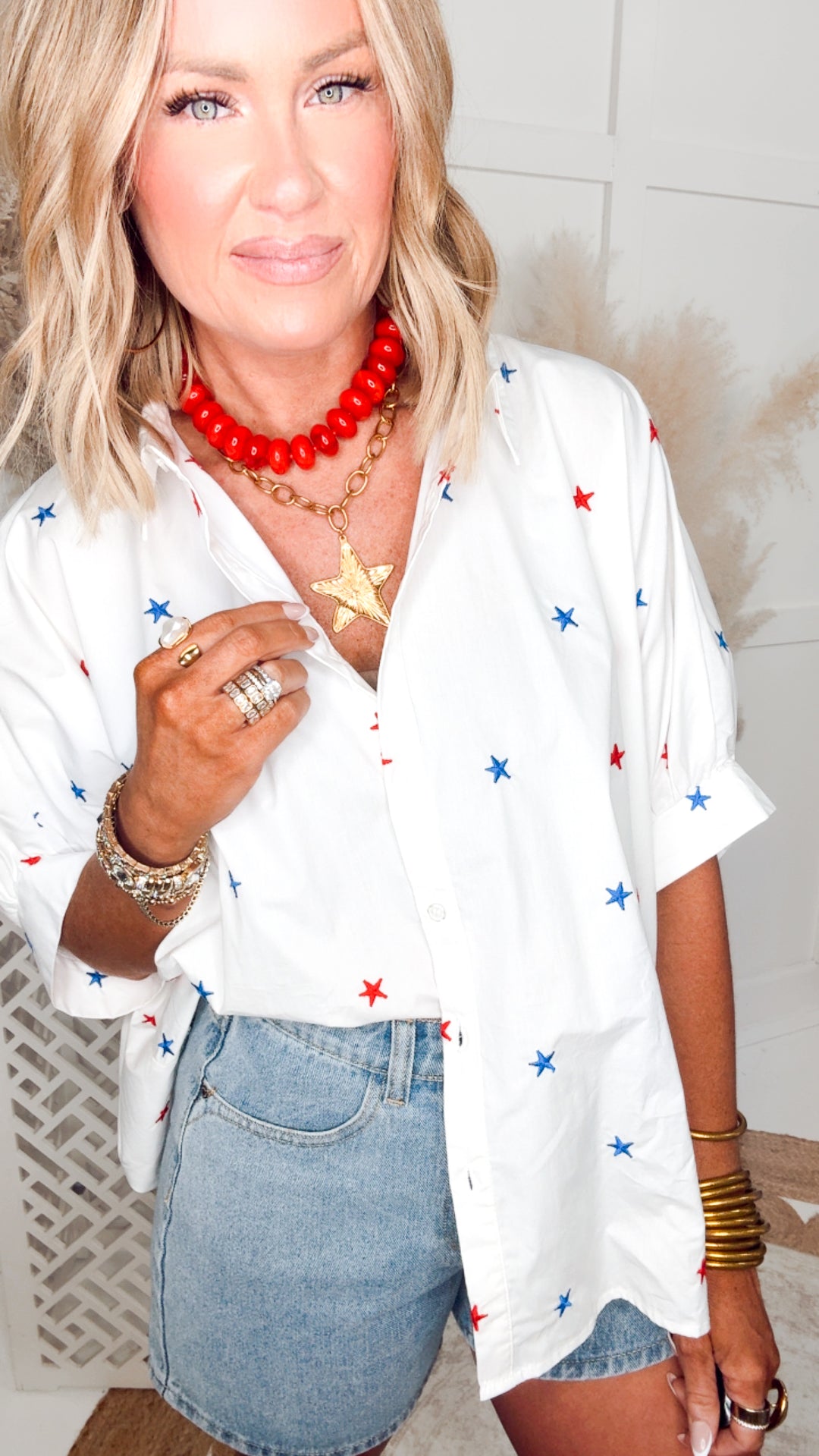 Embroidered Star Oversized Top-Red/White/Blue
