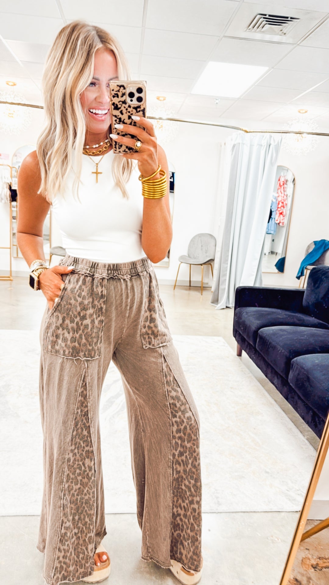 Mineral Washed Leopard Print Flare Pants