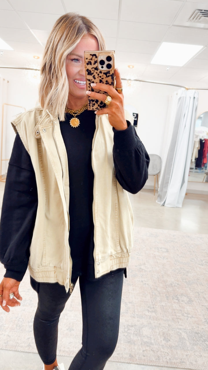 Denim High Neck Vest-Sandstone