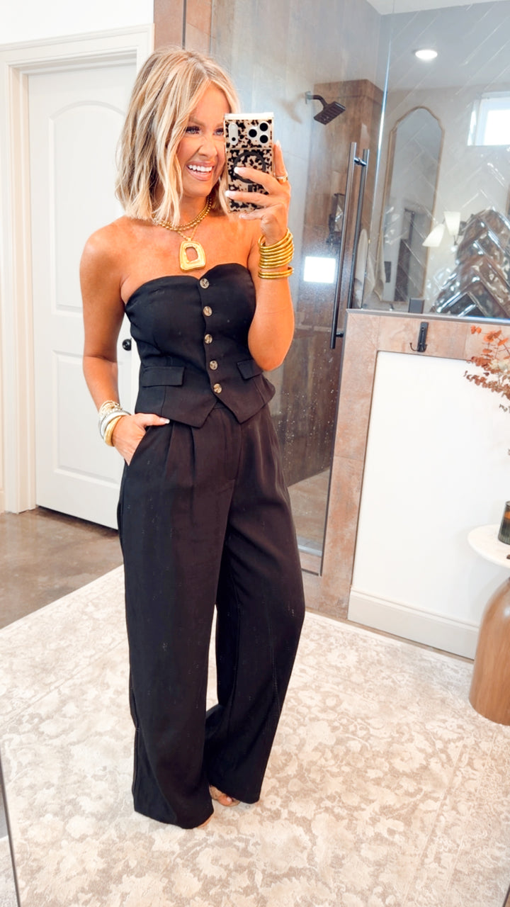 Cambria Crop Top and Wide Leg Pants Set-Black