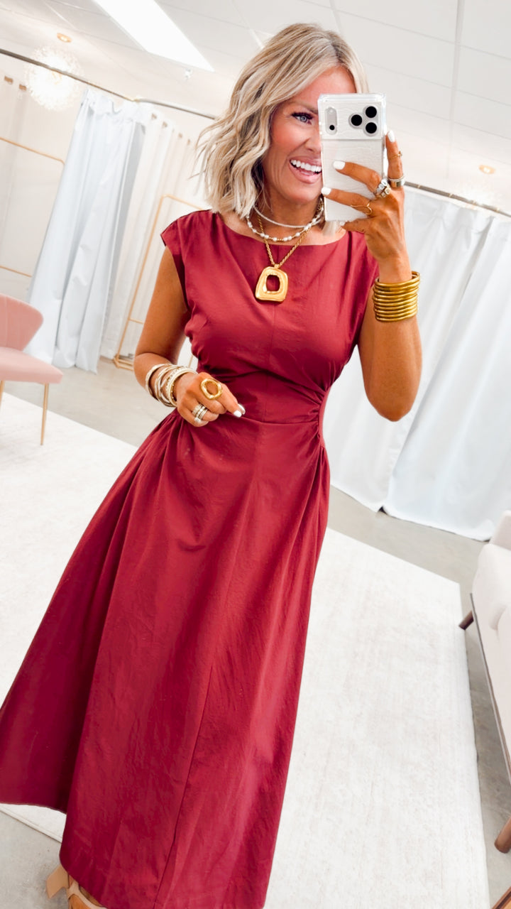 Marigold Ruched Midi Dress-Wine