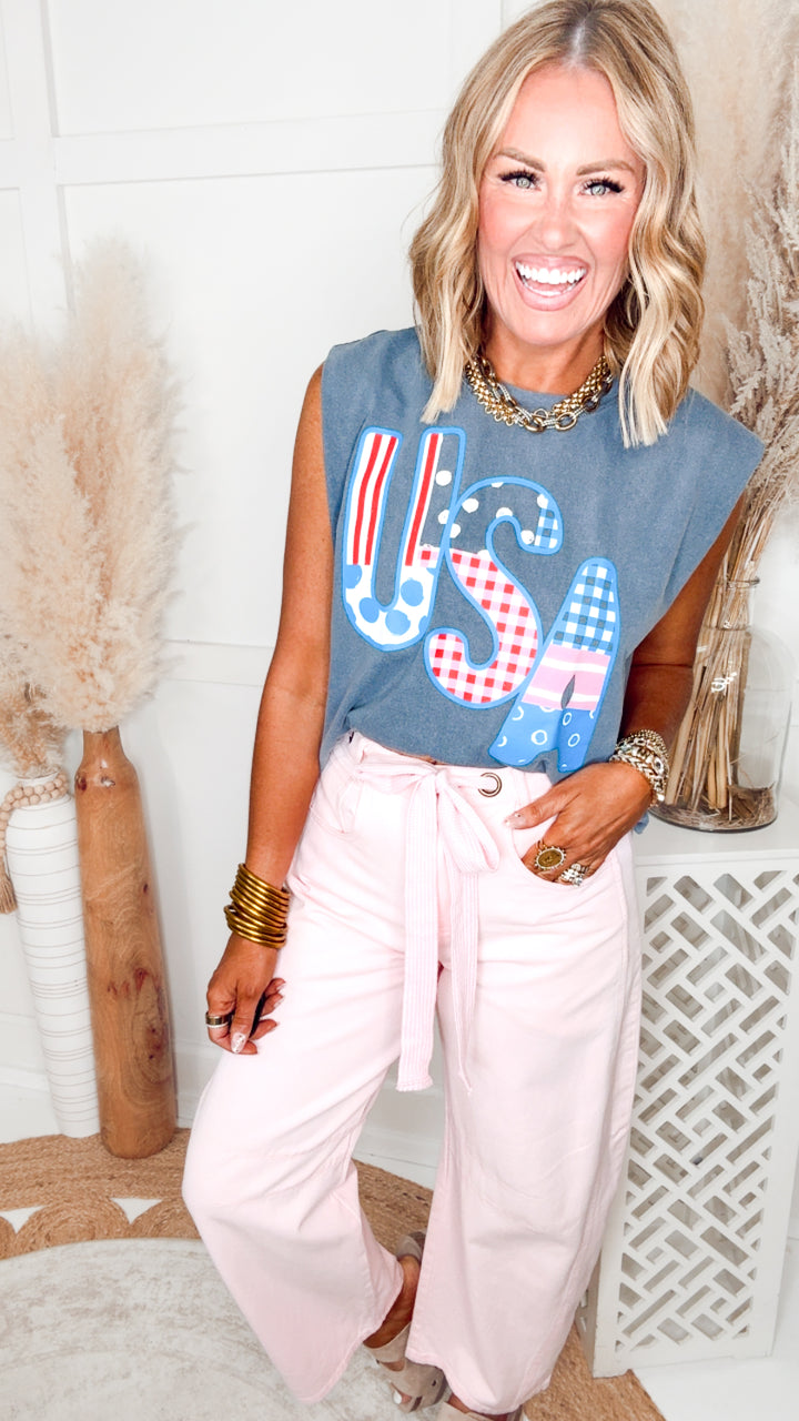 USA Patch Print Denim Muscle Tee