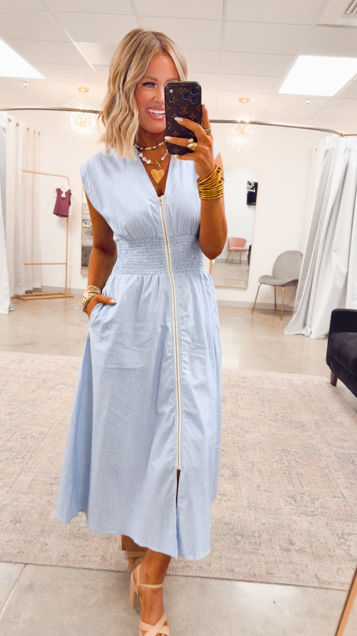 The Shore Stripe Midi Dress-Blue/White
