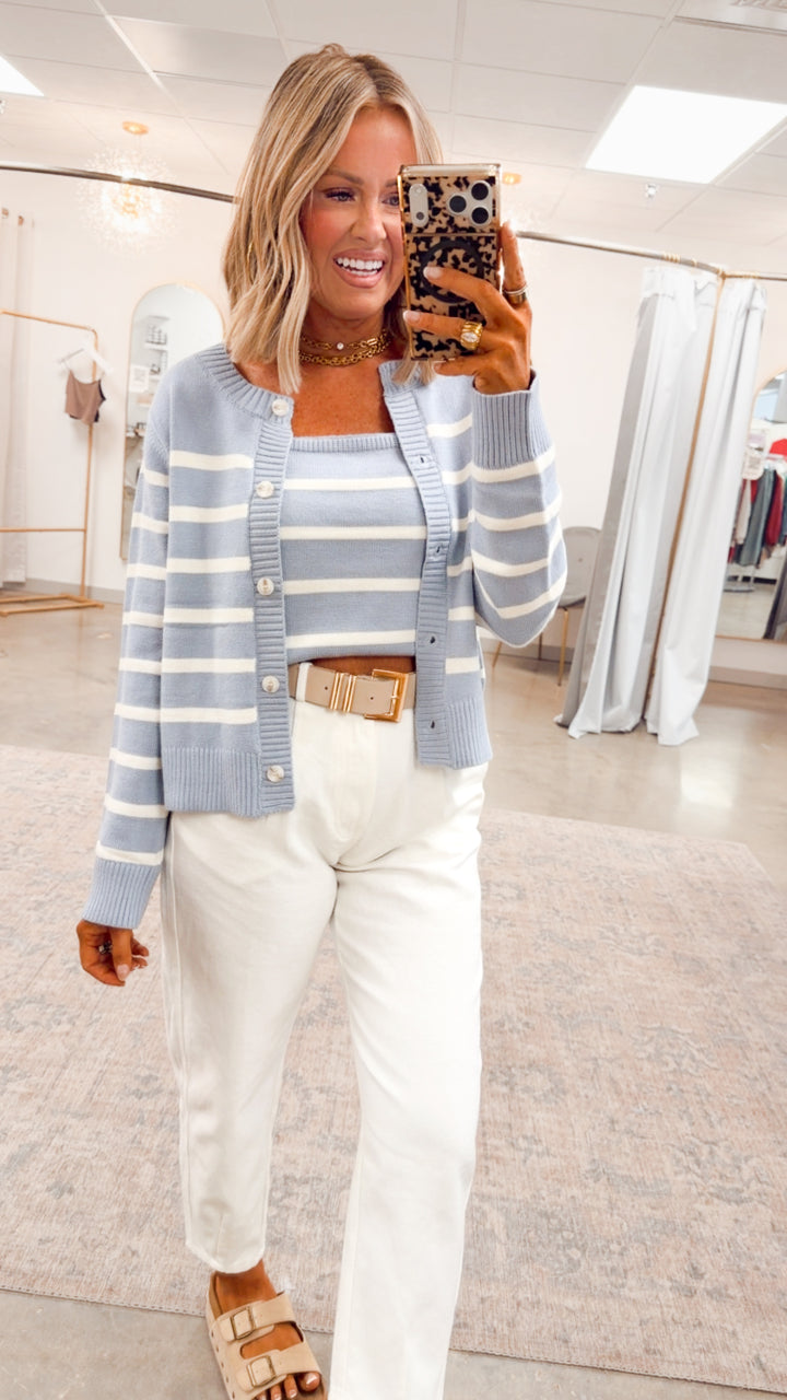 Hazelwood Cami & Cardigan Set-Blue/Cream
