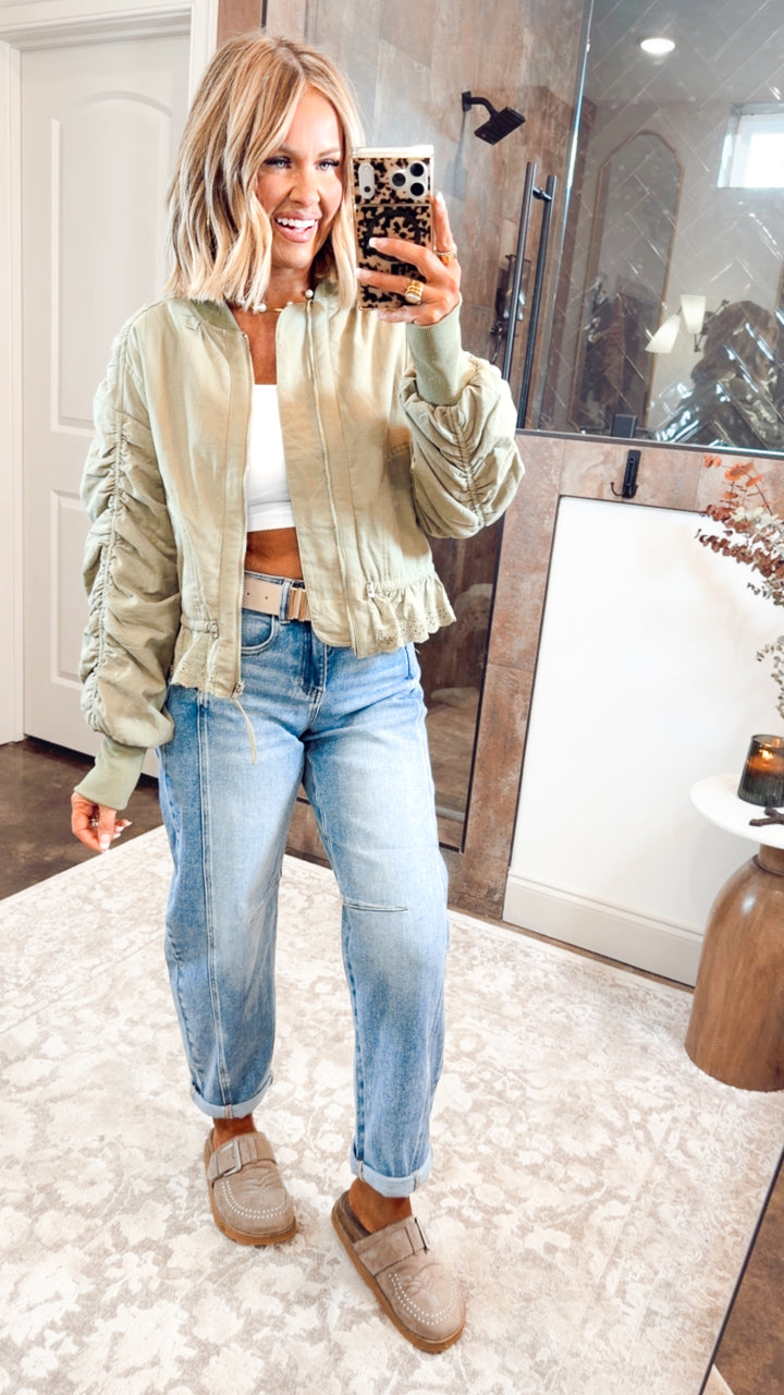 Ruched Sleeve Bomber Jacket-Light Olive