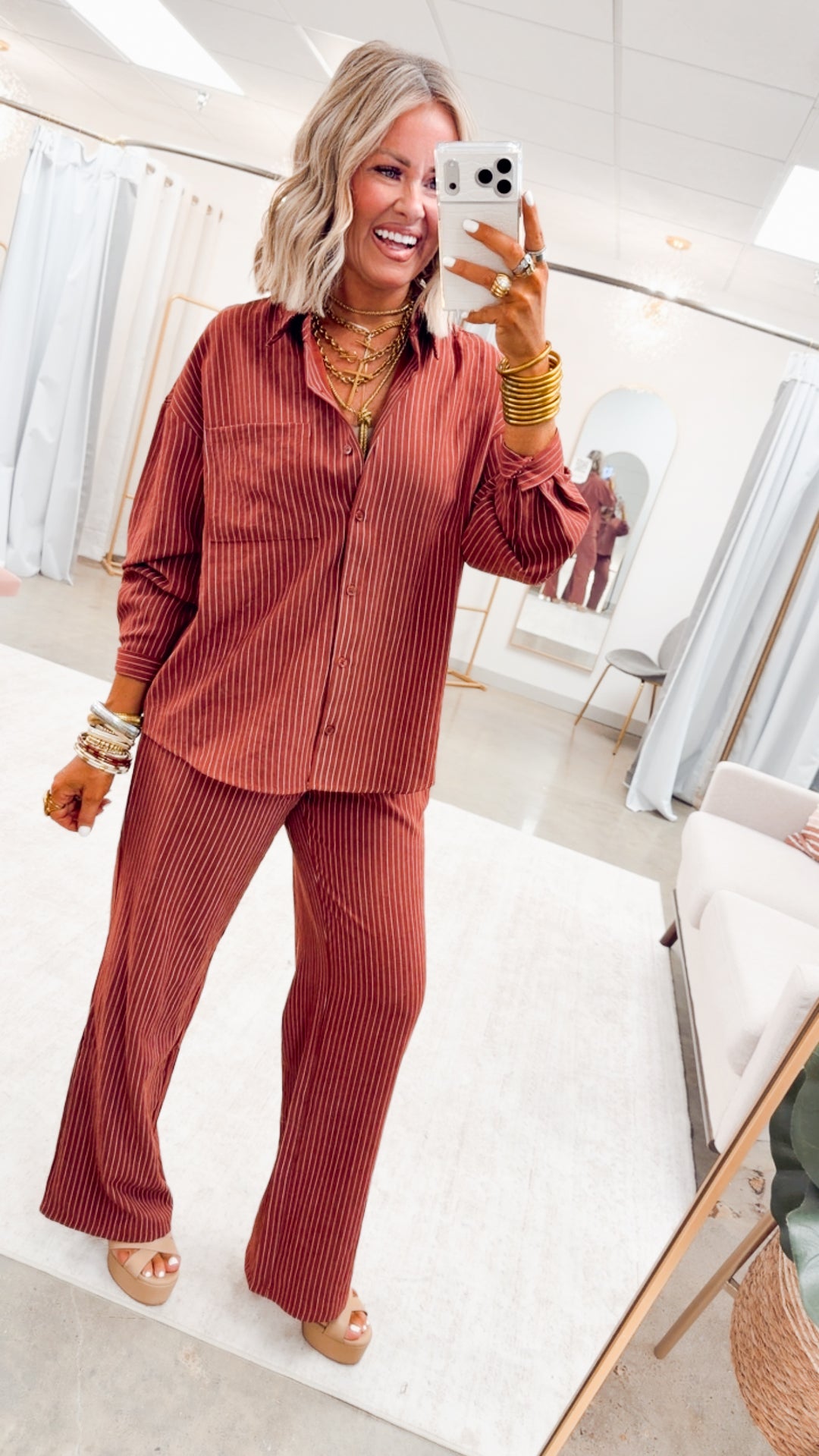 Lexi Pinstripe Top & Pants Set-Burgundy