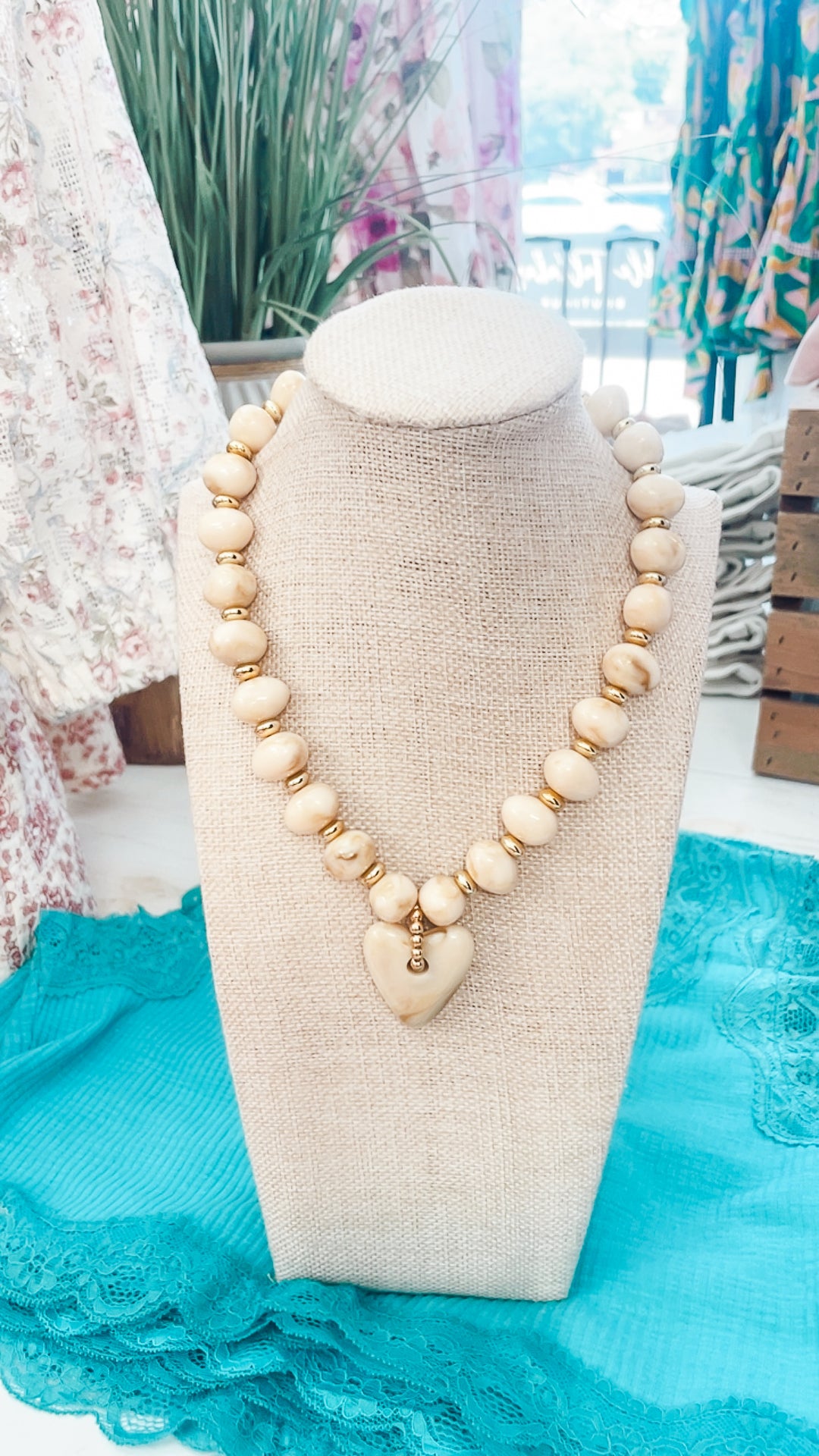 Athens Cream Beaded Necklace with Heart Charm