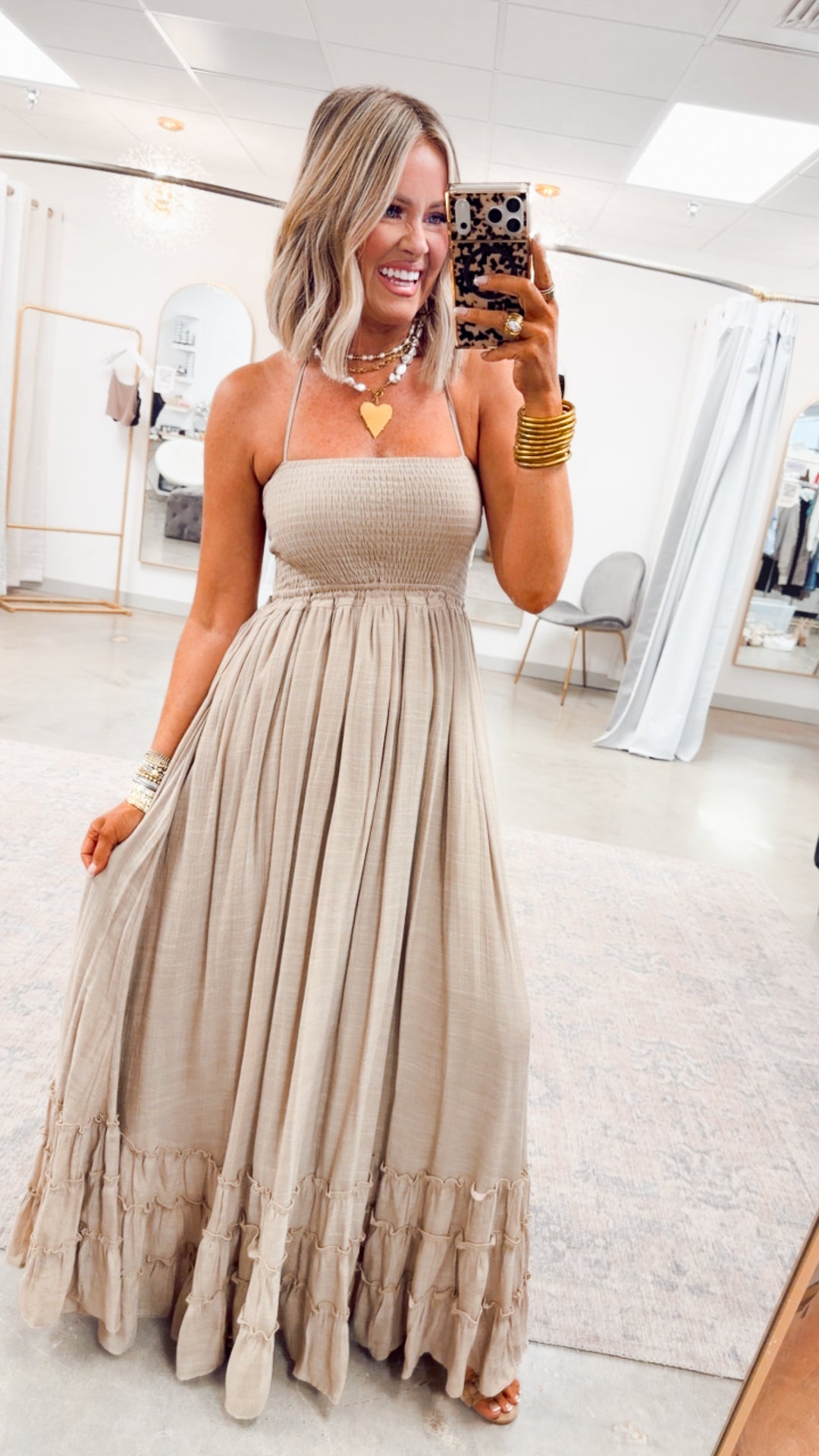 Viviana Smocked Halter Maxi Dress-Taupe