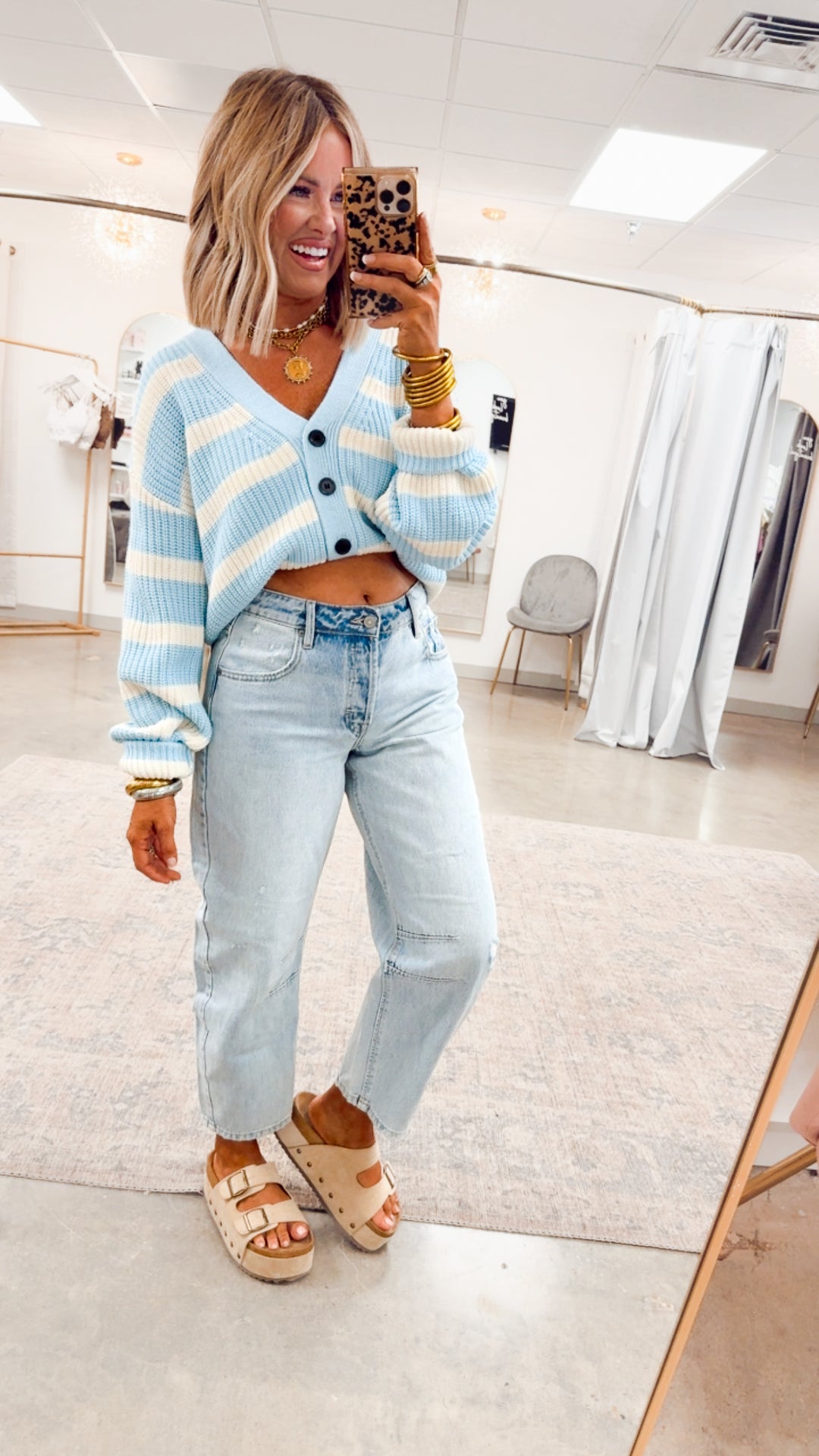 Sadie Striped Sweater Cardigan-Blue