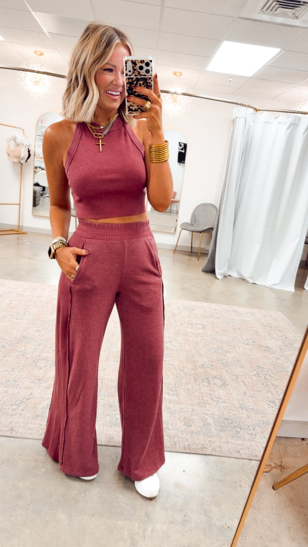 Harlow Halter Neck Crop Top & Pants Set-Wine