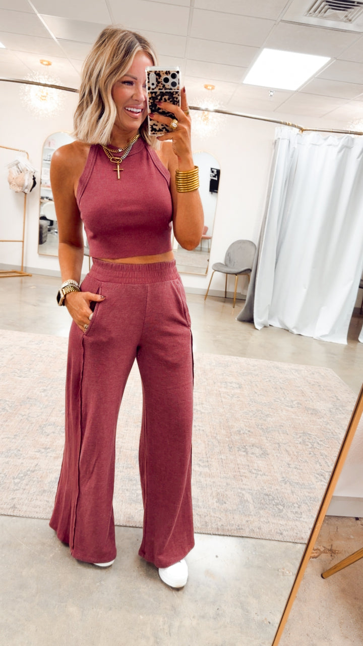 Harlow Halter Neck Crop Top & Pants Set-Wine