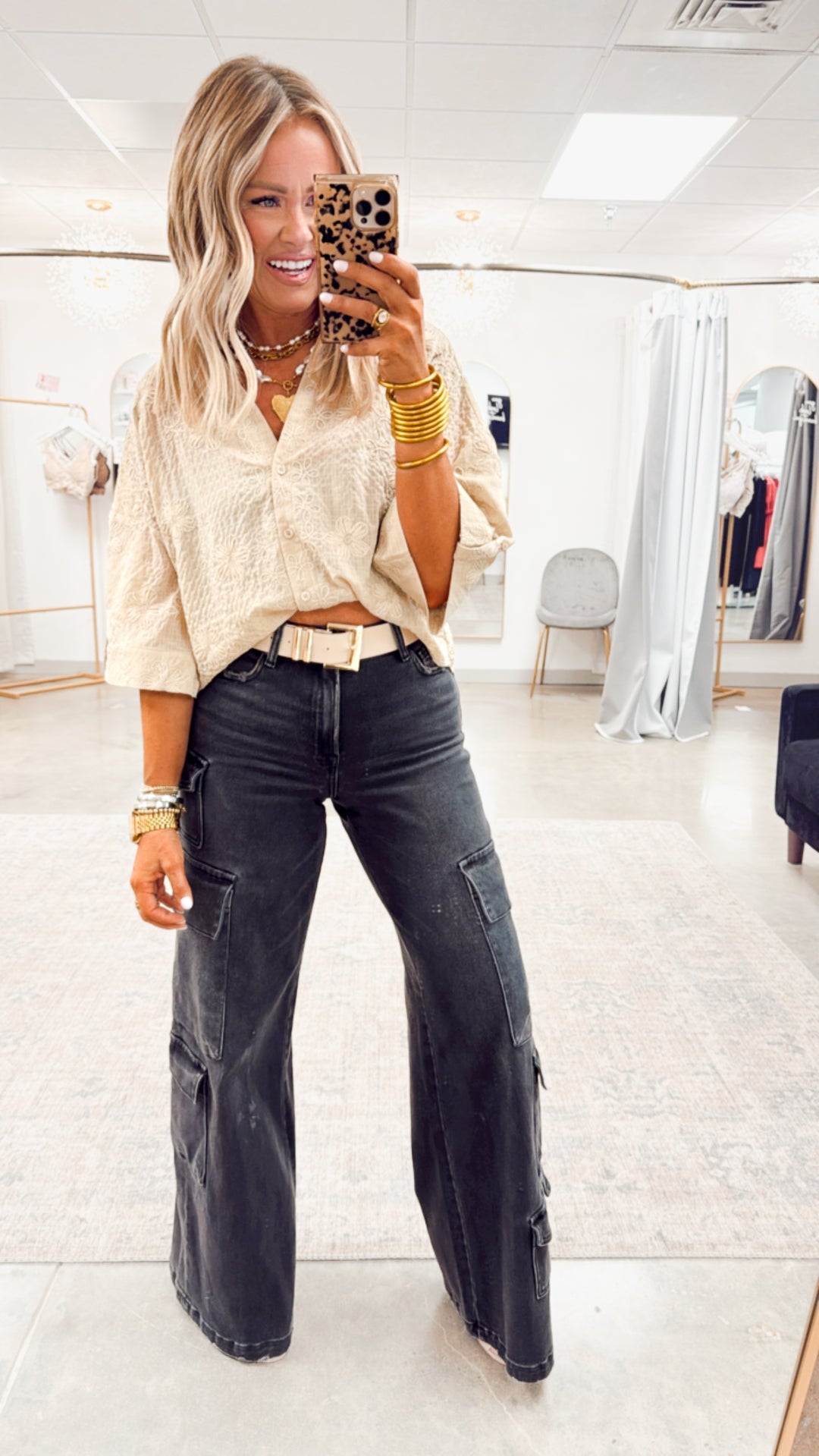 Embroidered Tabbed Sleeve Top